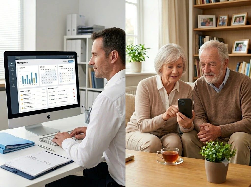 Administrador de fincas trabajando en su oficina y vecinos usando el portal del propietario desde su salón, mostrando la doble visión de un software de gestión de comunidades