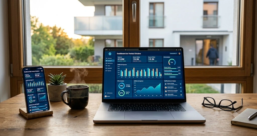 Panel de control de software de gestión de comunidades de vecinos con portátil y smartphone junto a una taza de café, en un escritorio con luz natural