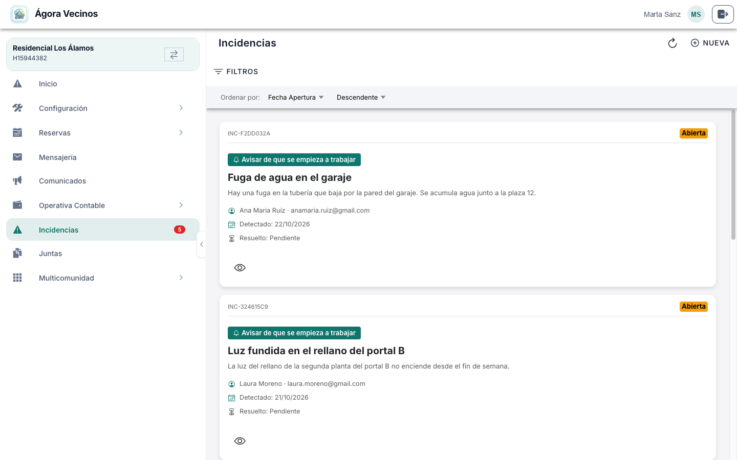 Listado de incidencias con el chip de acción pendiente y el badge del menú