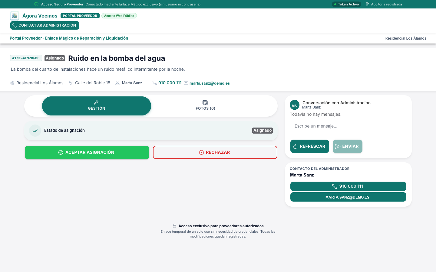 Portal del proveedor en escritorio, con la incidencia y las acciones disponibles