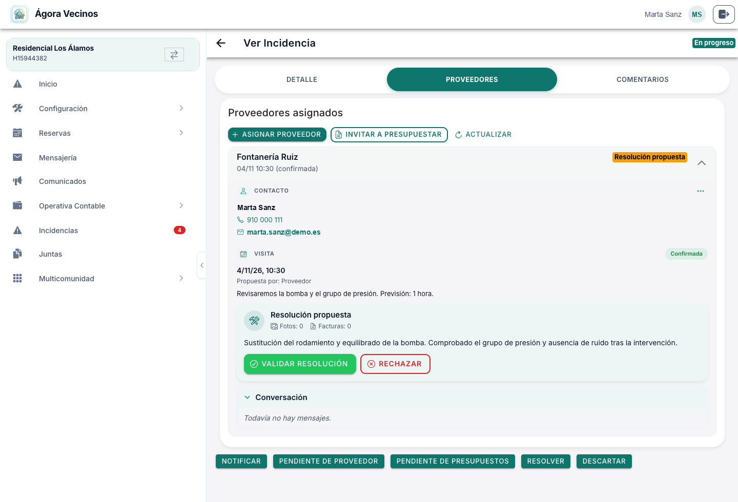 Panel de validación con el resumen de la actuación, las fotos y la factura del proveedor