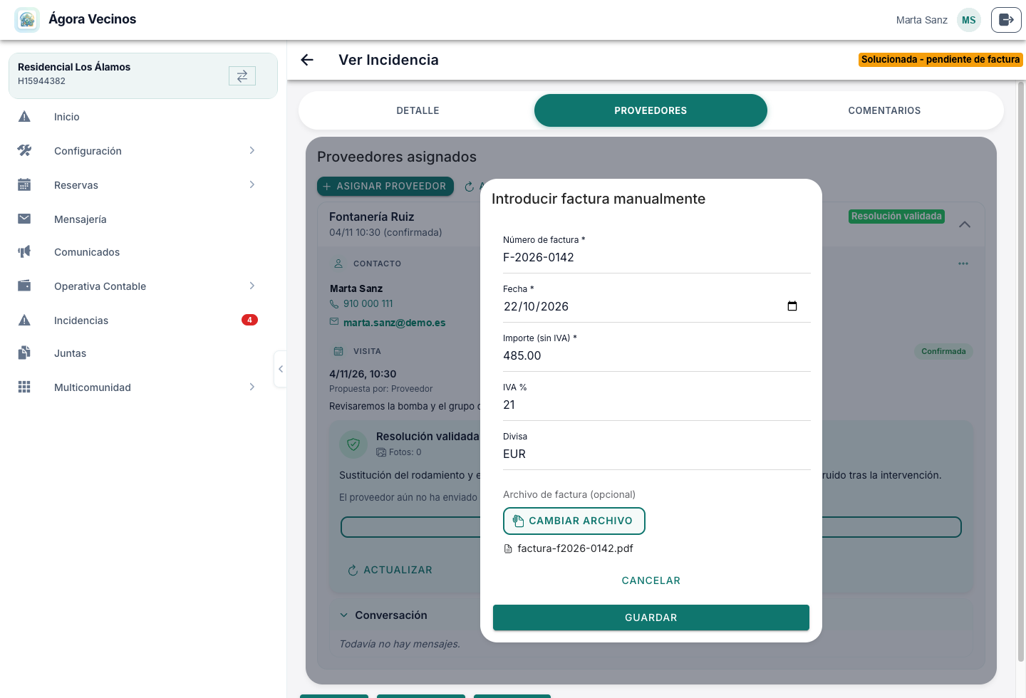 Diálogo para introducir la factura manualmente con adjunto de PDF