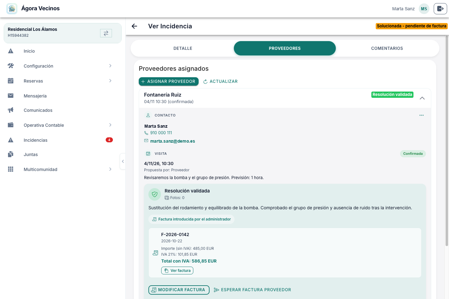 Los datos de la factura (número, fecha, base, IVA y total) con el enlace «Ver factura»