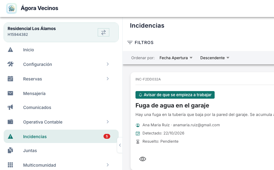 El chip de acción en la lista y el badge de incidencias en el menú