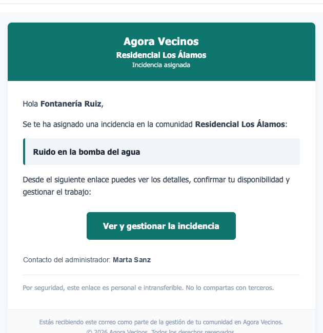 Correo al proveedor con el enlace de acceso a la incidencia