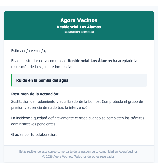 Correo al vecino avisando de que la reparación se ha aceptado